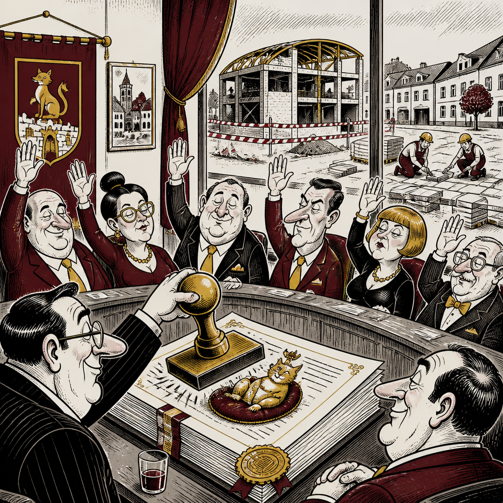 Satirická karikatura lišovských zastupitelů automaticky schvalujících závěrečný účet města