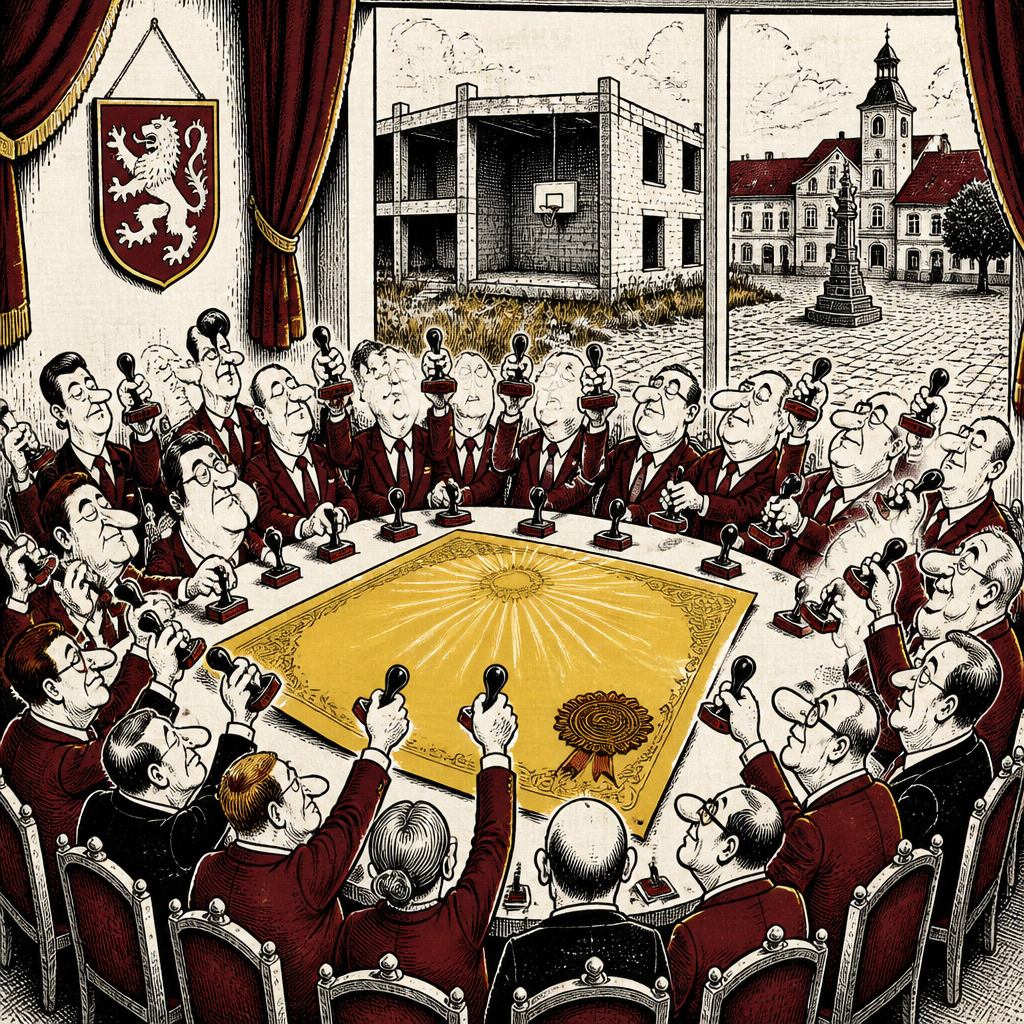 Satirická karikatura lišovských zastupitelů, jak hromadně razítkují závěrečný účet města
