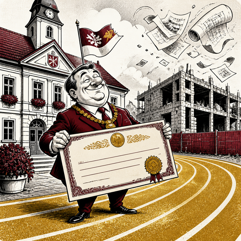 Satirická karikatura znázorňující čerpání dotací a rozestavěné investice v Lišově