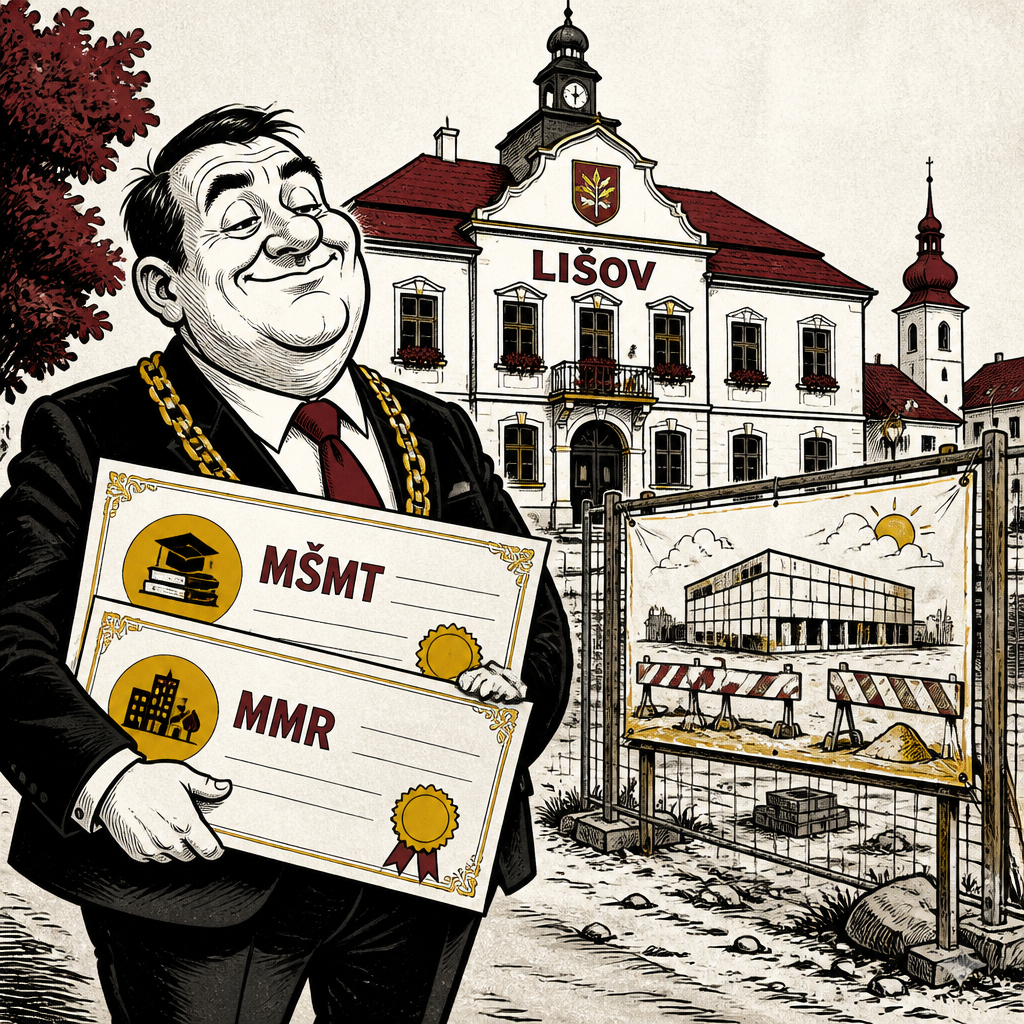 Satirická karikatura znázorňující radního s dotačními šeky před prázdným staveništěm tělocvičny