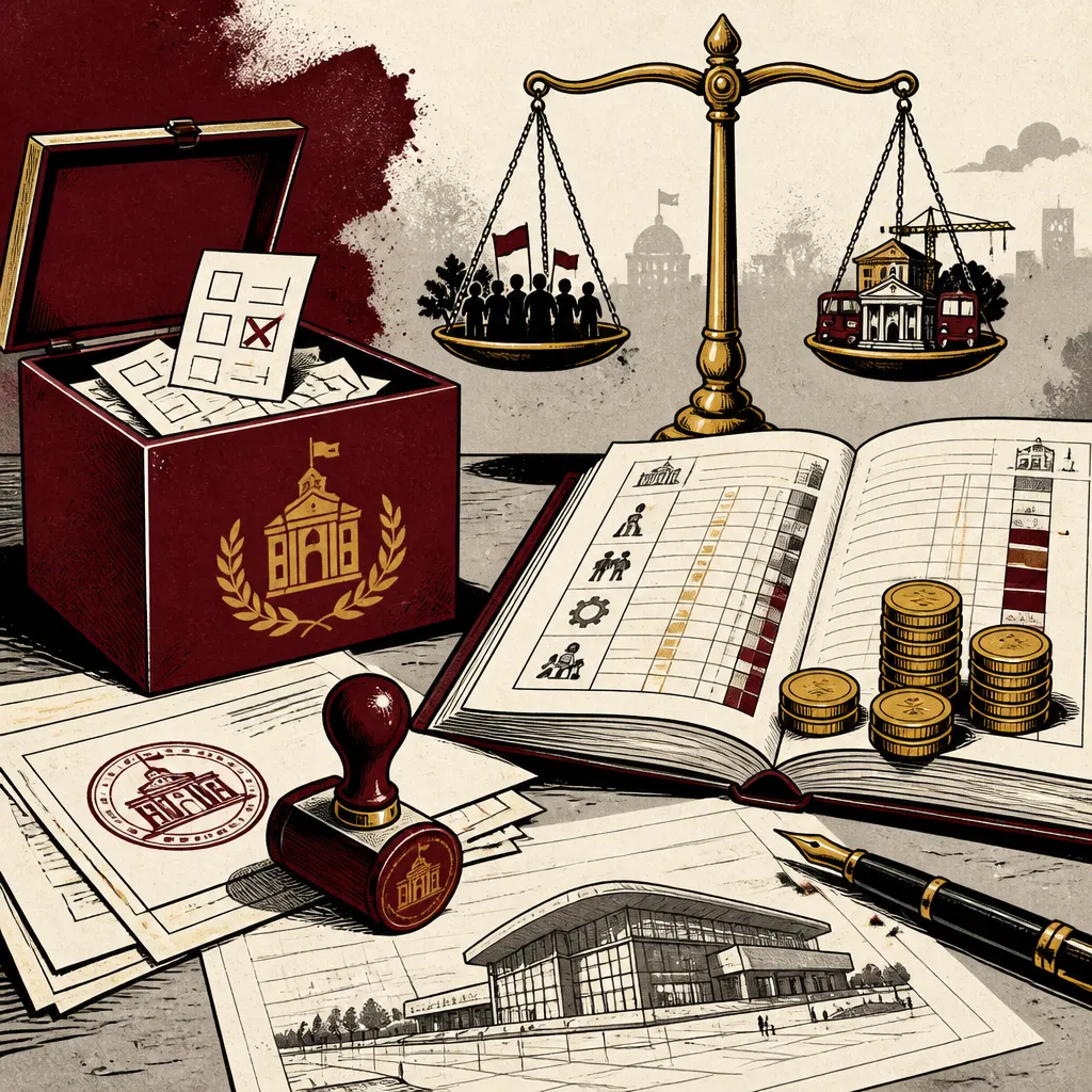 Ilustrace volební urny, úředních dokumentů a rozpočtových bilancí města Lišov