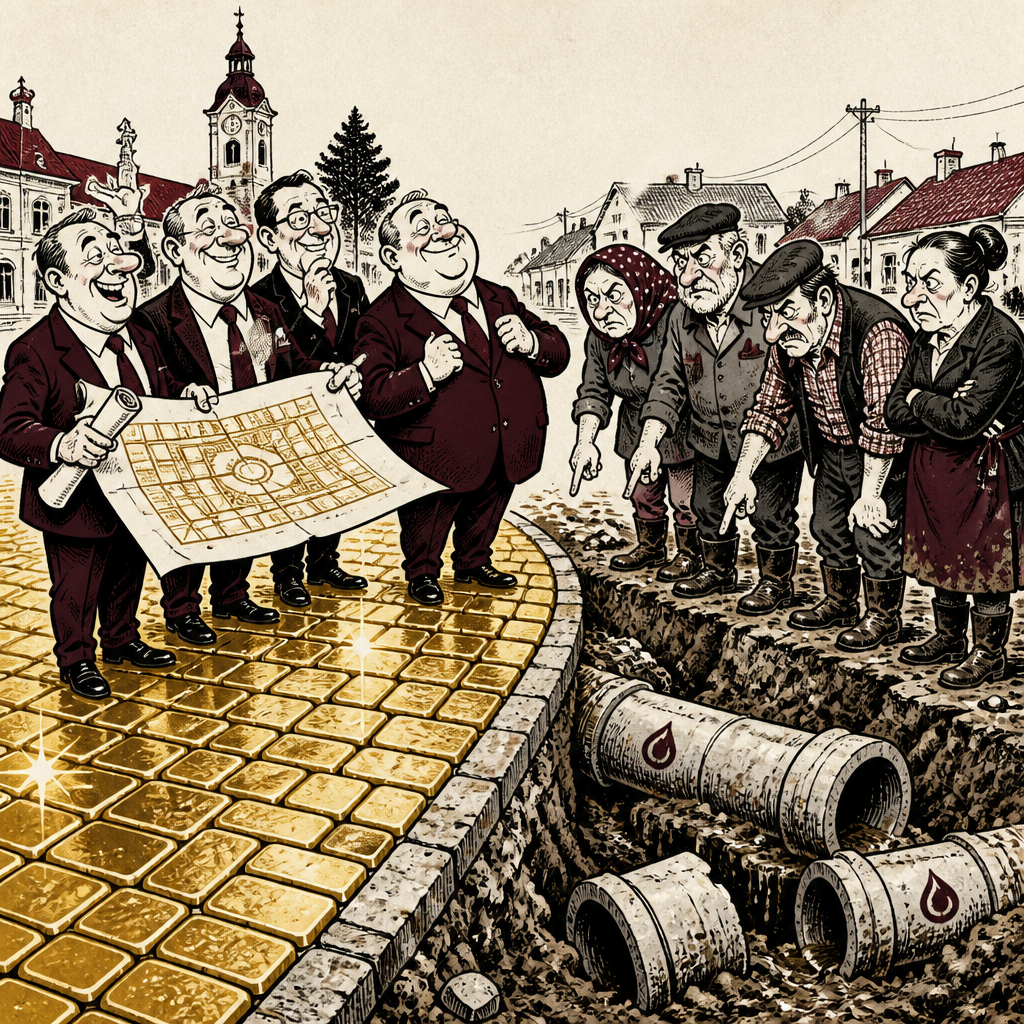 Satirická karikatura znázorňující představitele radnice obdivující dlažbu v centru, zatímco obyvatelé okolních osad marně čekají na napojení kanalizace.