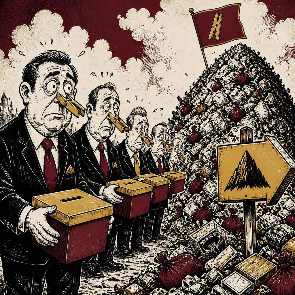 Satirická karikatura politiků s kolíčky na nose u hory odpadků se směrovkou Hůrky