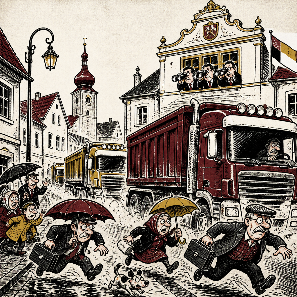 Karikatura husté kamionové dopravy projíždějící lišovskou hlavní ulicí