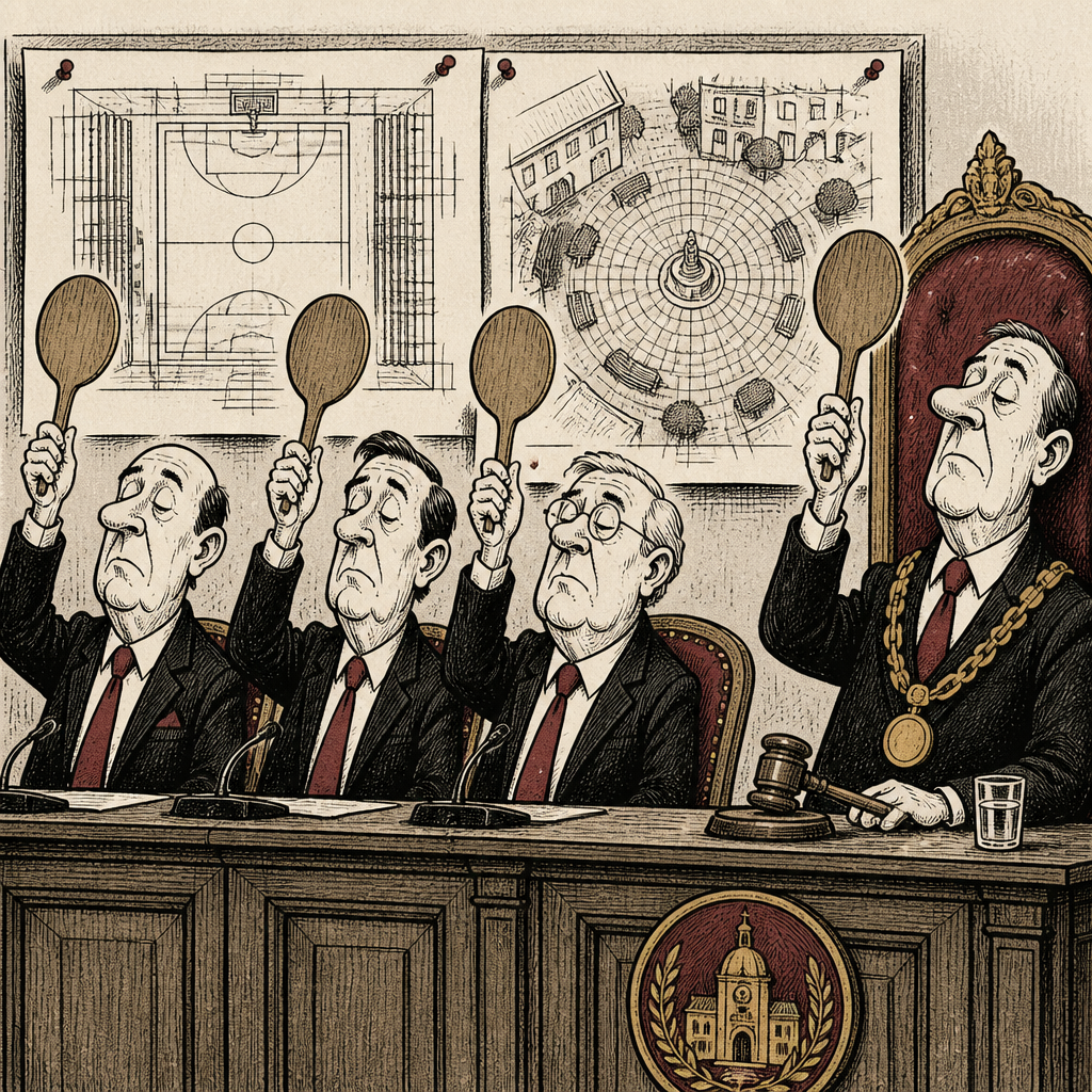 Karikatura zastupitelů jednotně hlasujících v lišovském zastupitelstvu