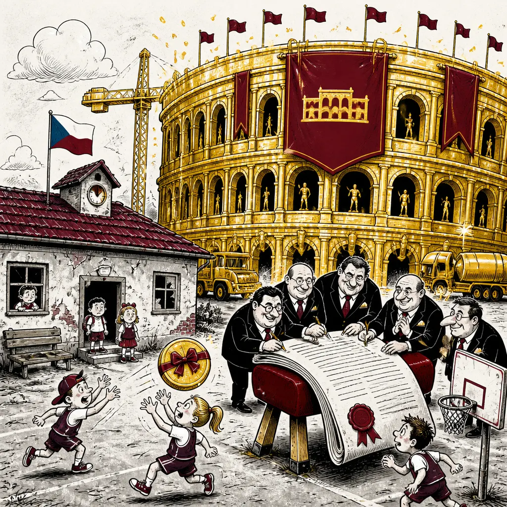 Satirická karikatura obří předražené sportovní haly a radních podepisujících mnohamilionový úvěr