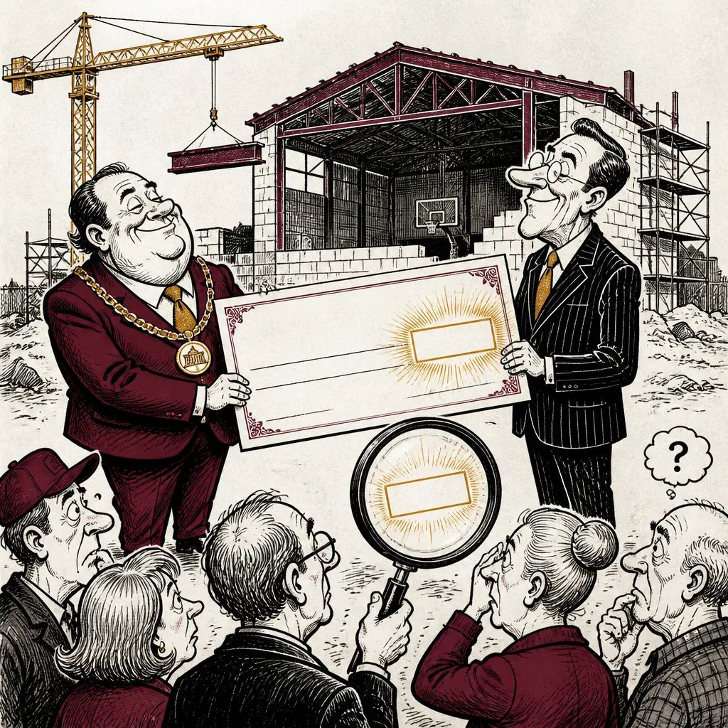 Karikatura znázorňující podepisování prázdného šeku na stavbu školní tělocvičny bez uvedení finanční částky.