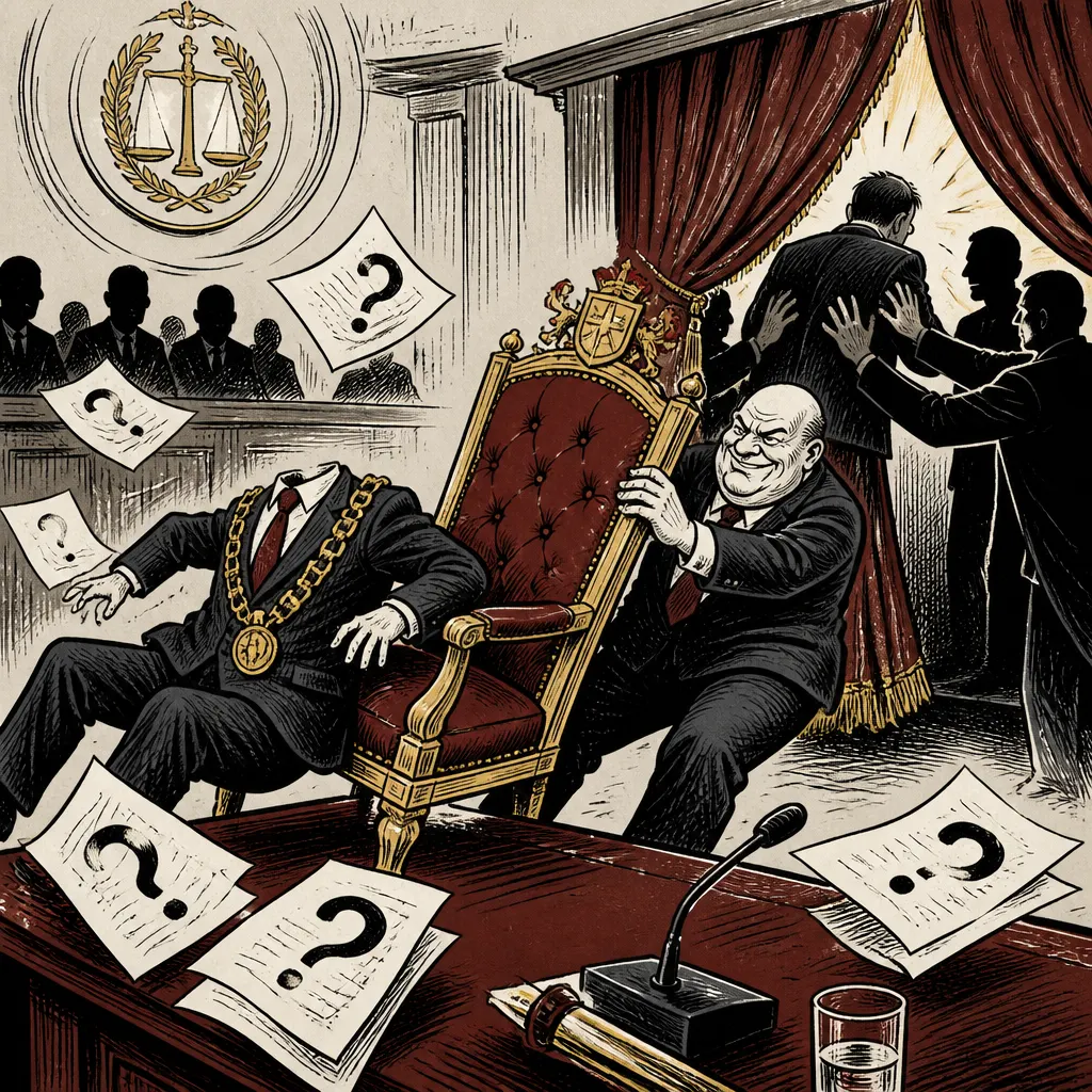Karikatura zachycující zákulisní výměnu starosty a ticho na lišovské radnici