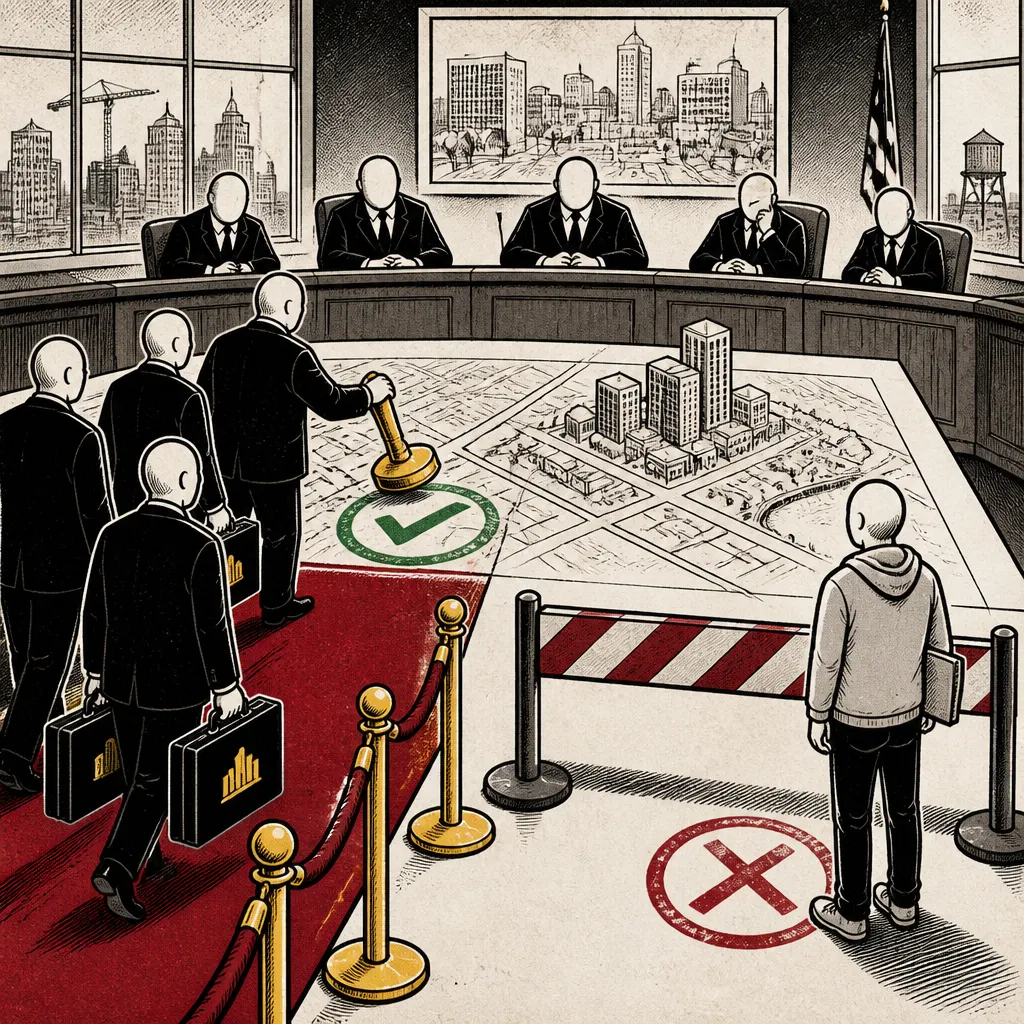 Karikatura schvalování změn územního plánu pro korporace a zamítání námitek občanů