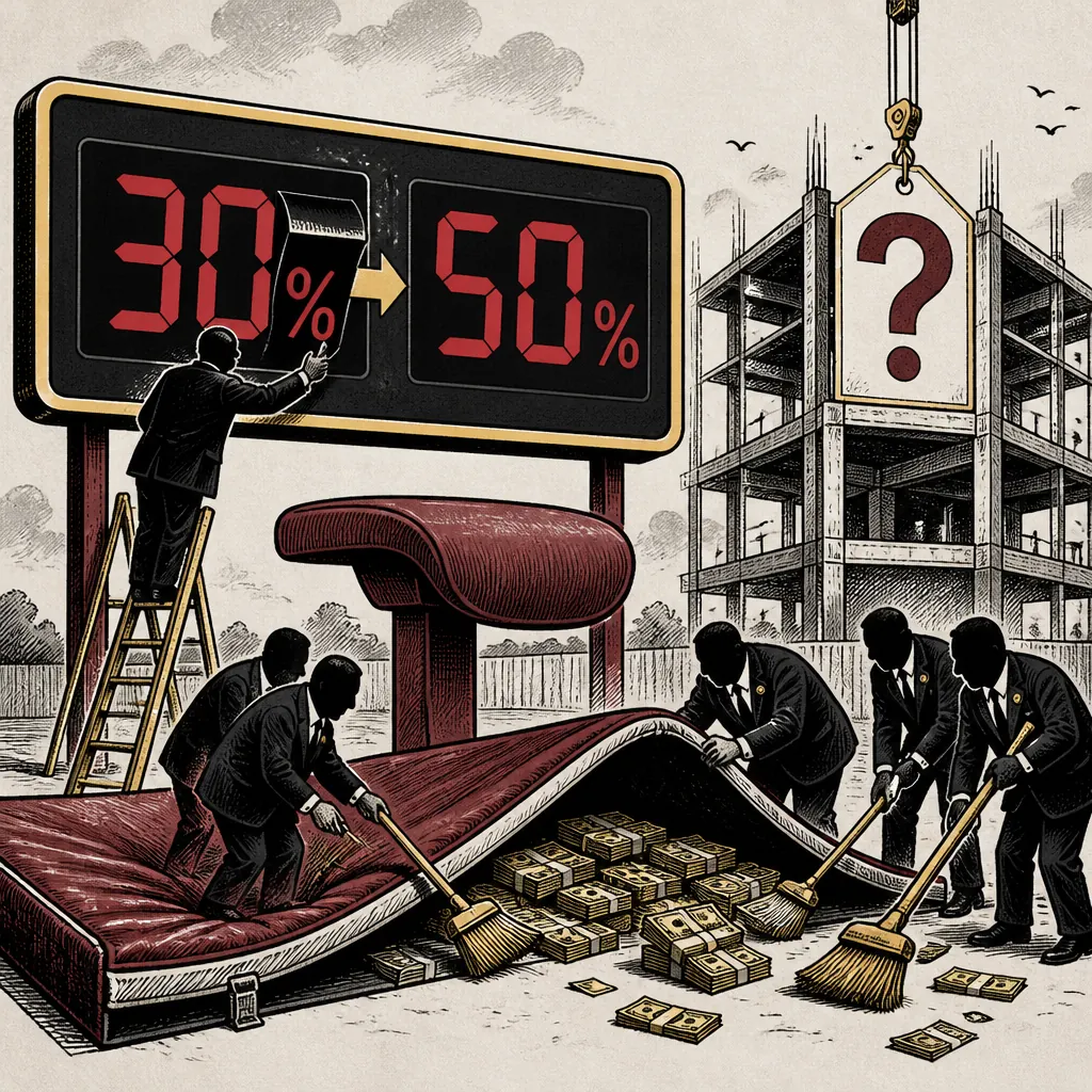 Karikatura znázorňující skok v podílu financování městské tělocvičny z 30 na 50 procent bez uvedení ceny