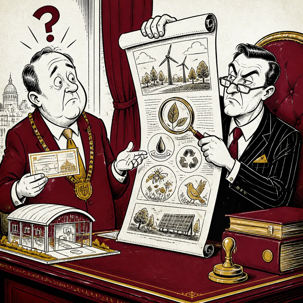 Ilustrační karikatura radnice řešící nesoulad dotačních podmínek a bankovního úvěru na stavbu tělocvičny