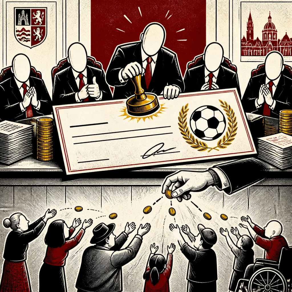 Karikatura schvalování dotačních balíčků a rozdělování peněz spolkům na radnici