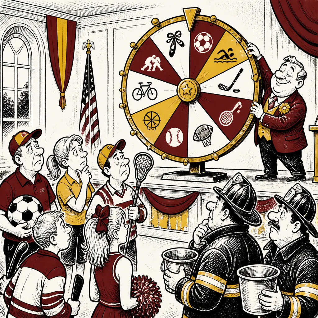 Satirická karikatura znázorňující rozdělování městských dotací spolkům pomocí kola štěstí