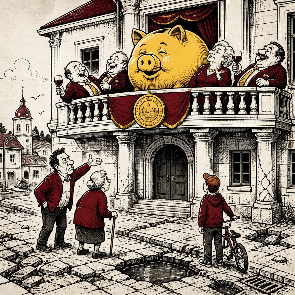 Karikatura lišovské radnice s obřím prasátkem plným peněz na balkóně a zanedbanou ulicí v popředí