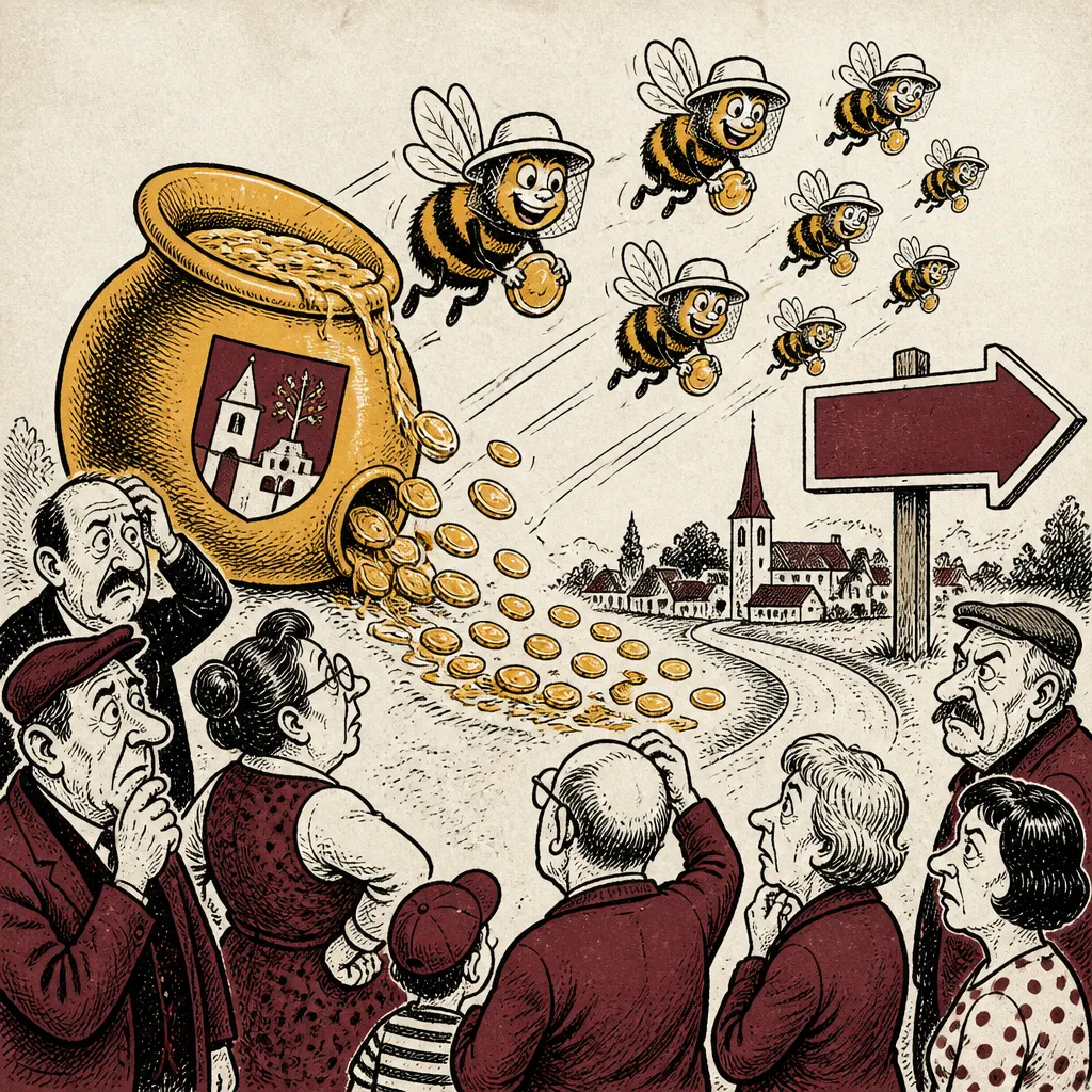 Karikatura znázorňující městský rozpočet Lišova jako hrnec medu, ze kterého odlétají peníze směrem k Ševětínu