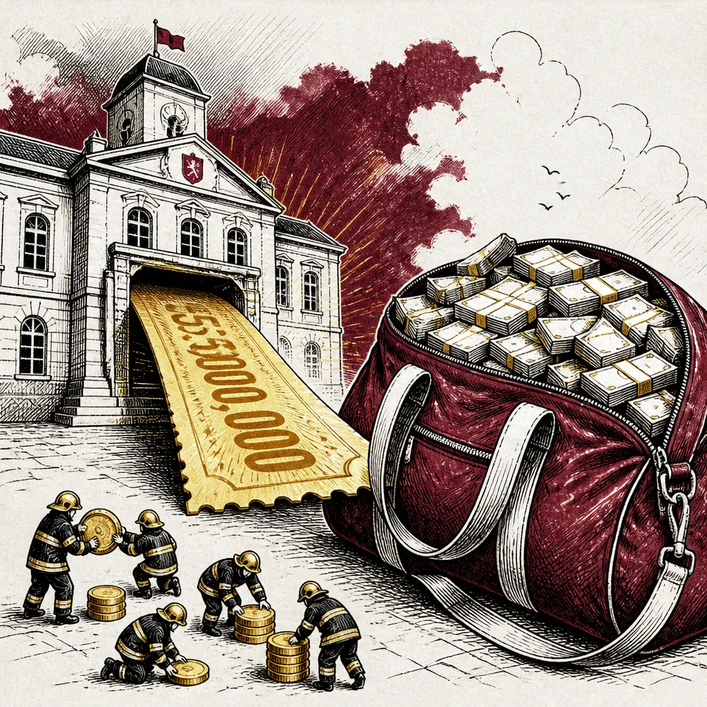 Satirická ilustrace znázorňující obří dotaci pro sportovní spolek z městské pokladny.