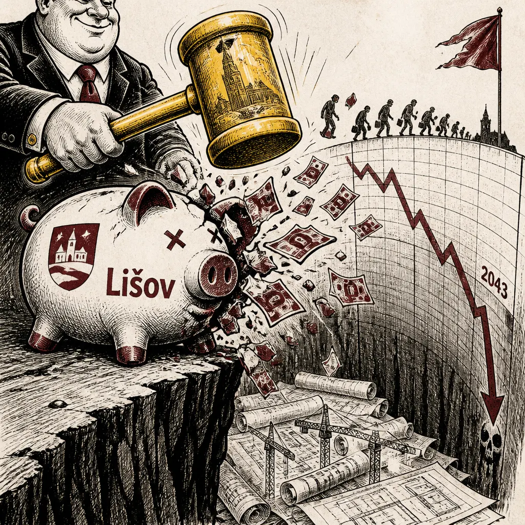 Karikatura rozbíjení městské pokladny a projídání rezerv v Lišově