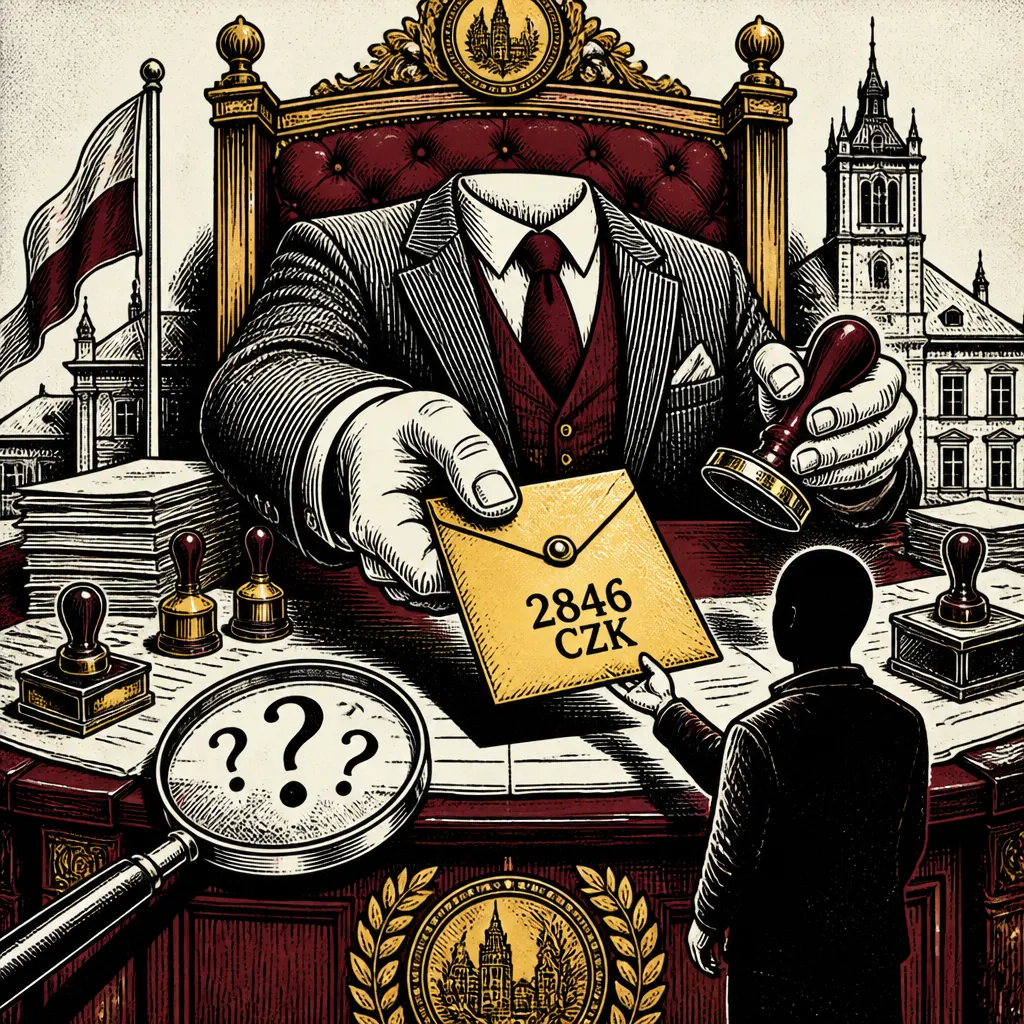 Karikaturní ilustrace schvalování tajemné drobné dotace na radnici