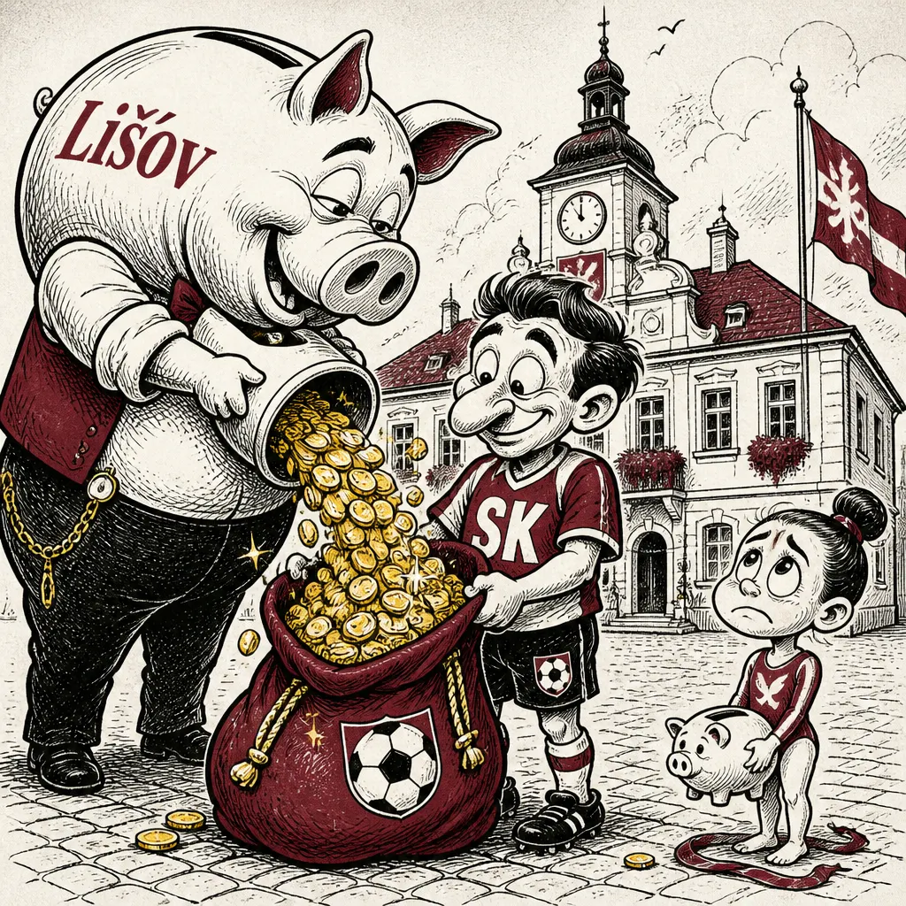 Satirická karikatura znázorňující nerovnoměrné rozdělování městských dotací mezi sportovní spolky v Lišově