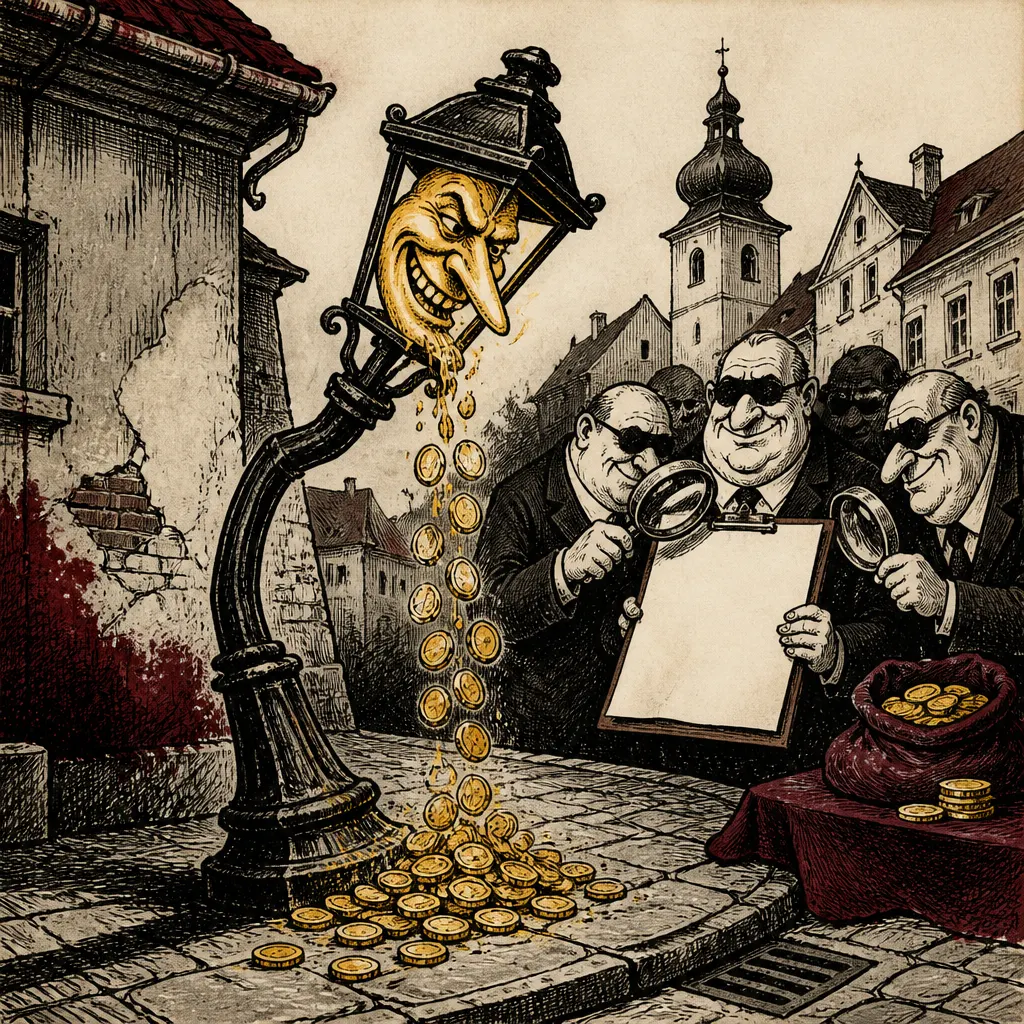 Satirická kresba pouliční lampy, ze které padají mince, a úředníků schvalujících faktury