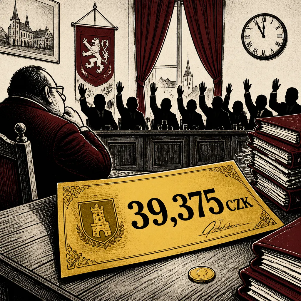 Karikatura znázorňující obří výplatní pásku na stole jednacího sálu radnice.