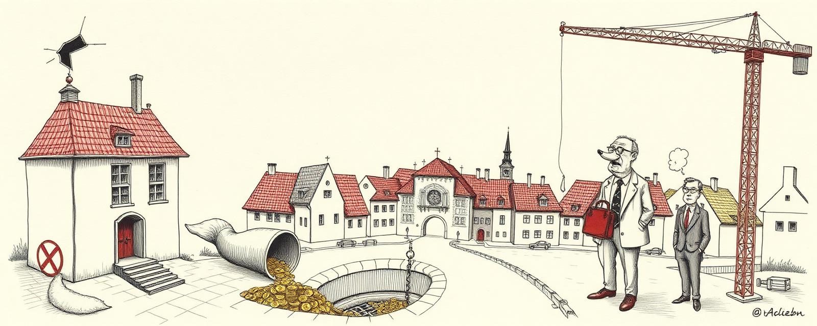 Satirická karikatura lišovského náměstí – rozpočet mizí do díry, jeřáb staví nic